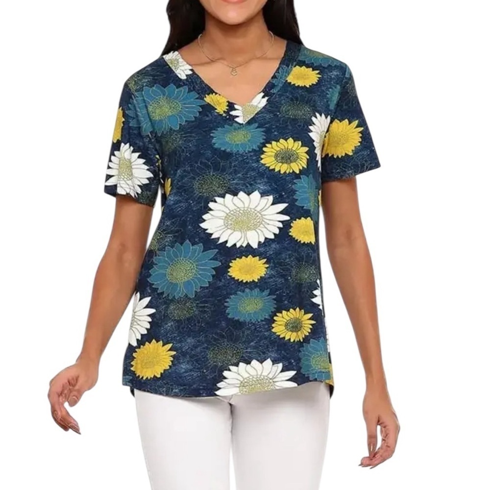 Parsley & Sage Bonnie Floral Cotton Blend Short Sleeve V Neck Top 1X Teal Yellow